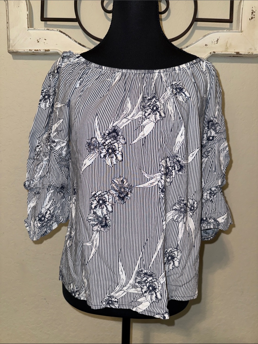 Crave Fame Navy and White Striped Floral Off-Shoulder Blouse